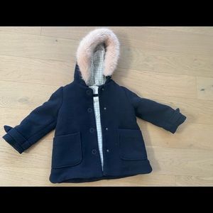 Zara Baby Size 3/4 Navy Wool coat w/fur trimmed hood